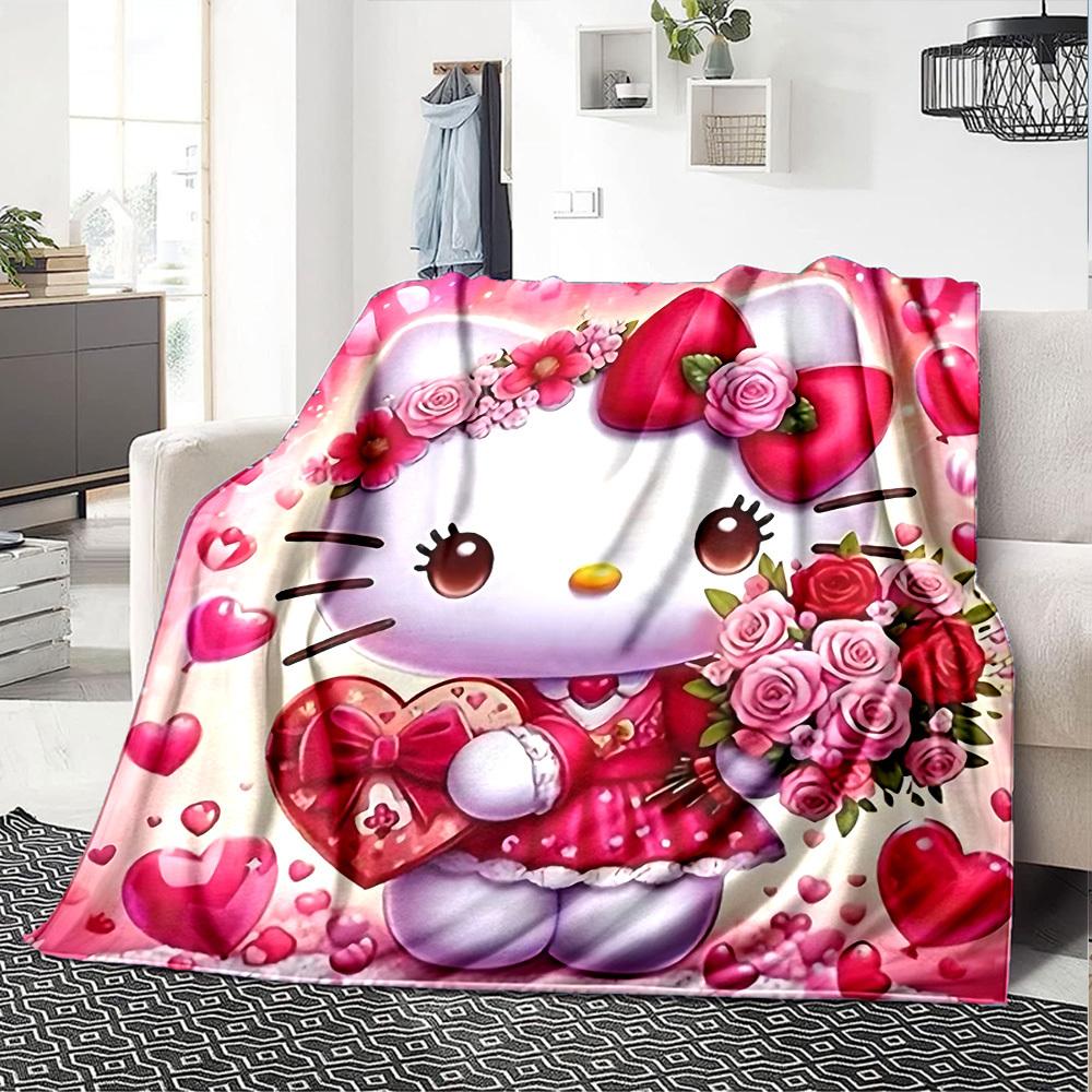 1pc Hello Kitty, Flowers blanket Lightweight Flannel Throw for Sofa Bed Travel Camping Livingroom Office Couch Chair