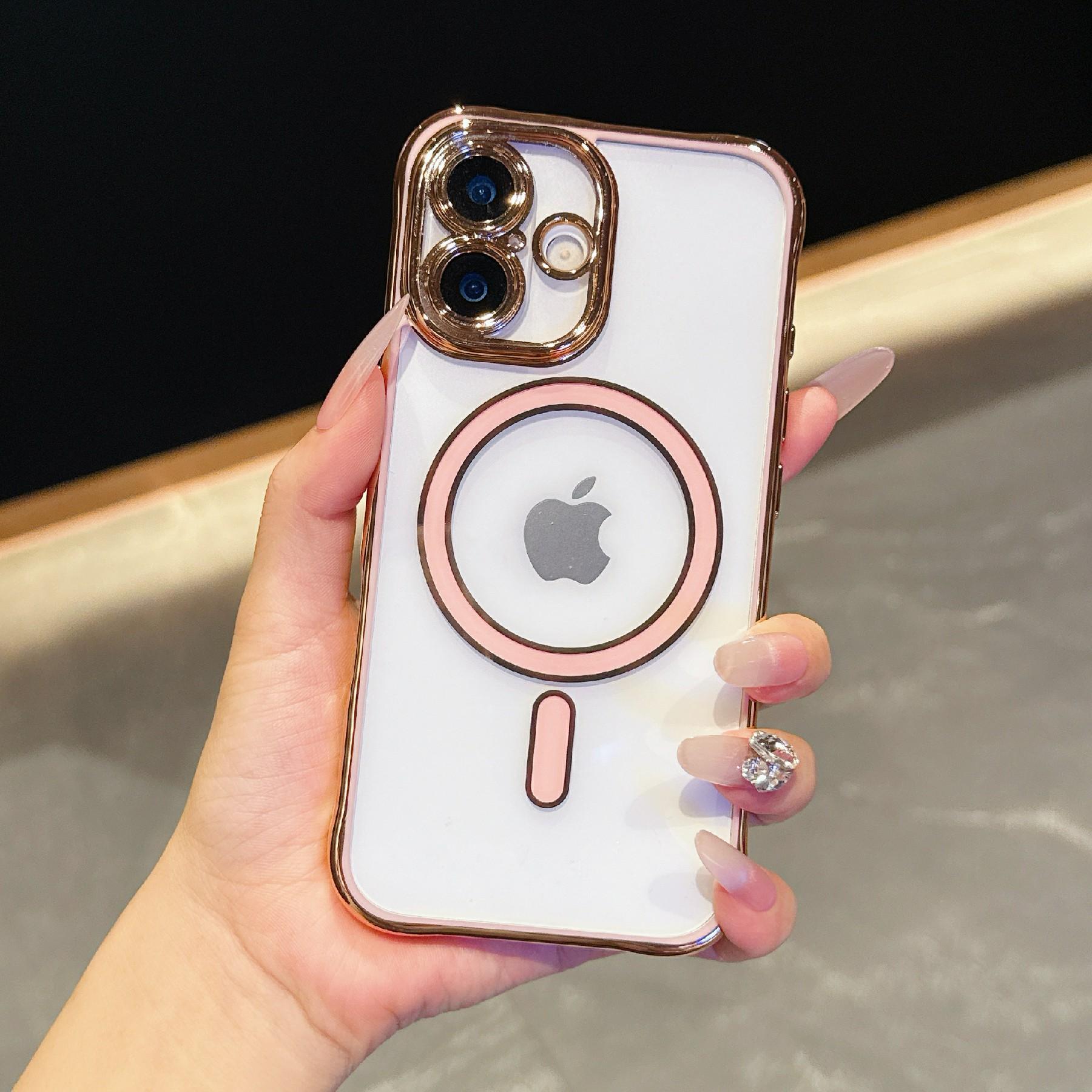 

For iPhone 16 Magnetic Case Electroplated 2.0mm Acrylic TPU Phone Back Cover Pink