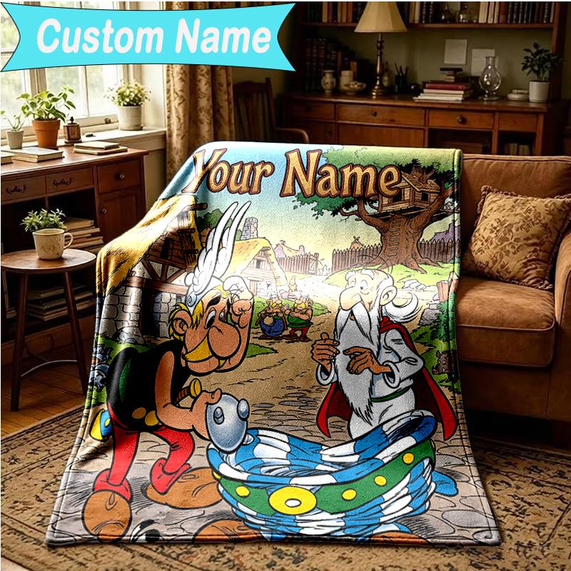 1PC Custom Name Blanket Asterix Friends Flannel blankets Patterns Throw Blanket All-Season Soft Gift for Couch, Bed, Camping, Birthday gifts