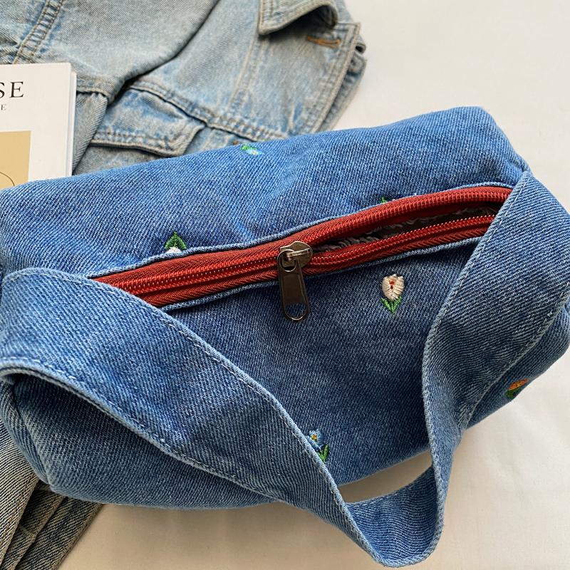 Denim Small Square Bag Flower Embroidery Lightweight Women's Shoulder Bag