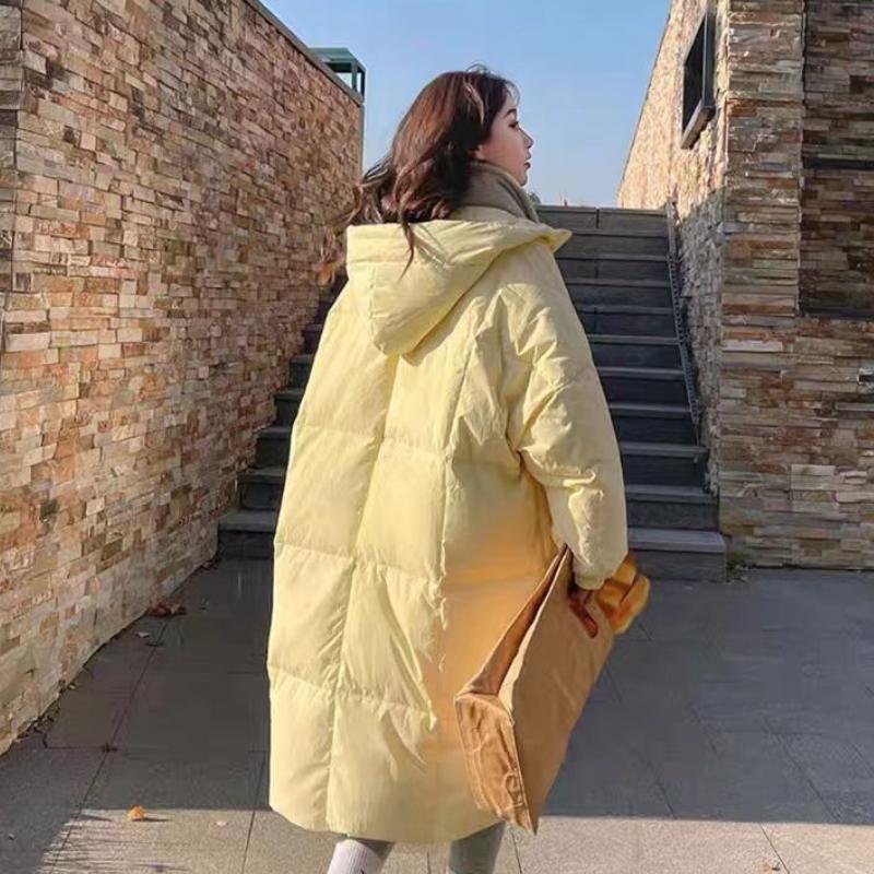 Cremegelbe Daunenjacke Mittellange Winterjacke im schlichten Stil Lockere Wattierte Jacke Verdickte warme Wattierte Jacke