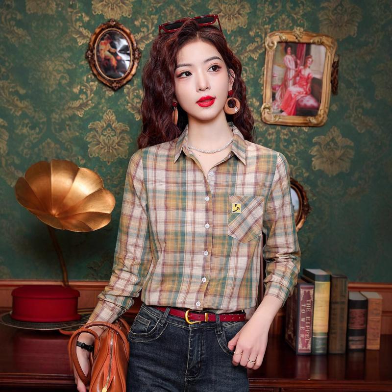 Women's long-sleeve plaid shirt 2026 new Korean style fashion design slim casual top