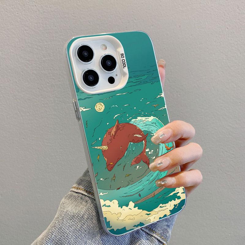 Anime Sky Landscape Art Painting Laser Phone Case For iPhone 12 13 Mini Pro Max 11 14 16 15 Pro Max Plus Shockproof Cover Fundas