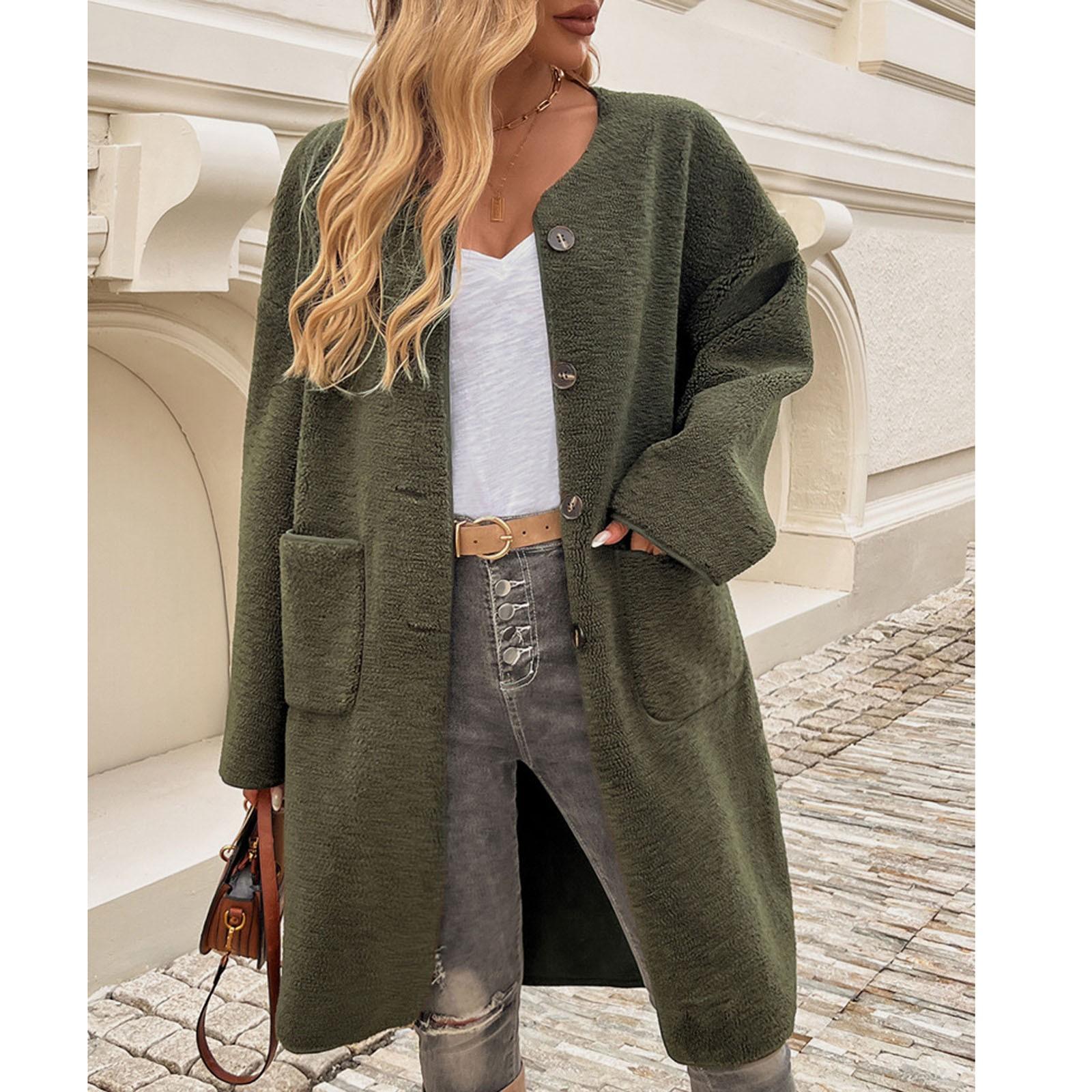 

Женский свободный повседневный однотонный кардиган с карманами и длинными рукавами, модная куртка L армия зеленый