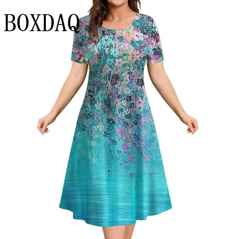 

Summer Women S Dresses 3D Art Flowers Printed Short Sleeve Clothing Elegant Loose A-Line Dress Fashion Lady Plus Size Dress S