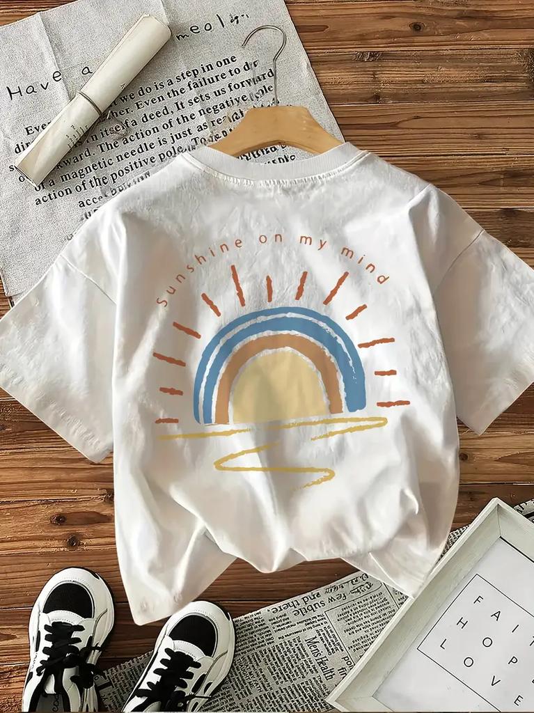 Vibrant Sun Rainbow Design 100% Cotton T-Shirts Female Funny T Shirts Egirl Korean Fashion Graphic Tees Tops Women Clothing