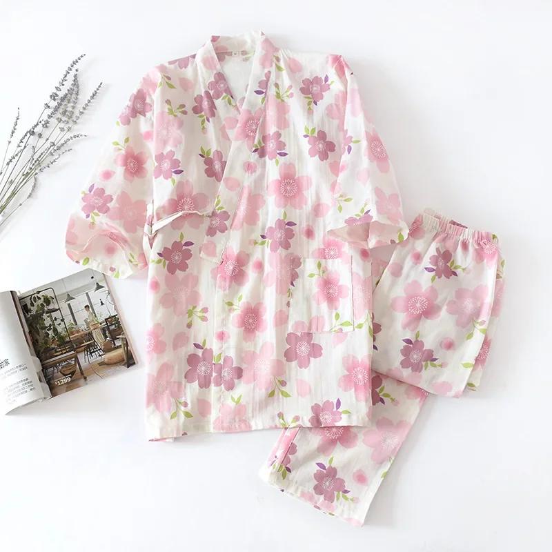 Yedi Kollu Kimono Pijama Seti Kadın İlkbahar ve Sonbahar %100 Pamuk Gazlı Bez Ev Giyim Şirin Tatlı
