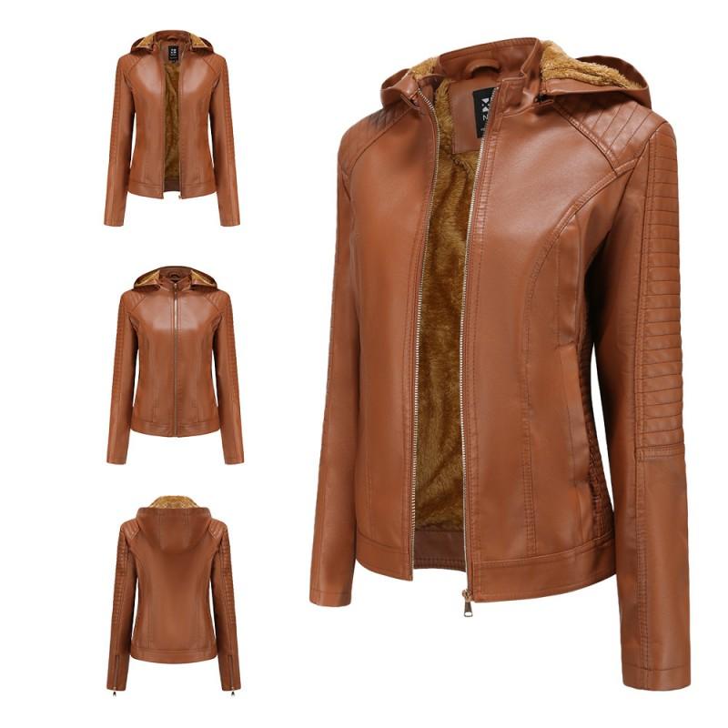Womens Plus Size Faux Leather Hooded Jacket Warm Casual Short Coat Fall Winter