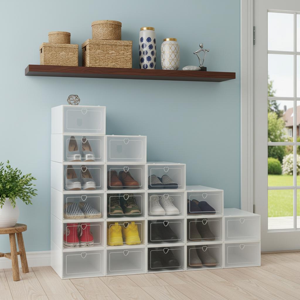 Bymaocar 20 Stück Faltbare Rechteckige Schuhbox Organizer, Stapelbare Klare Kunststoff-Schuhaufbewahrungsbox Organisation Freies Stapeln