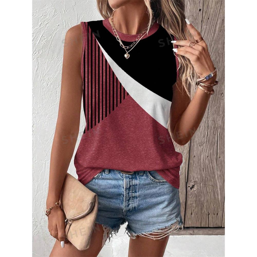 Summer color splicing 3D printing women's fashionable O-neck vest