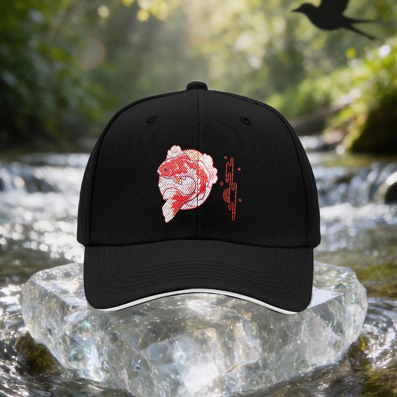 Red Koi Pattern Sandwich Cap, Unisex Easy Lightweight Adjustable Outdoor Sun Hat, Ideal Gift for Travel, Parties, And Birthdays,