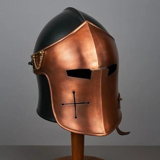 

Black and Copper Barbuta Helmet Medieval Knight Armor Mild Steel LARP Cosplay Halloween Costume Barbuta Visored