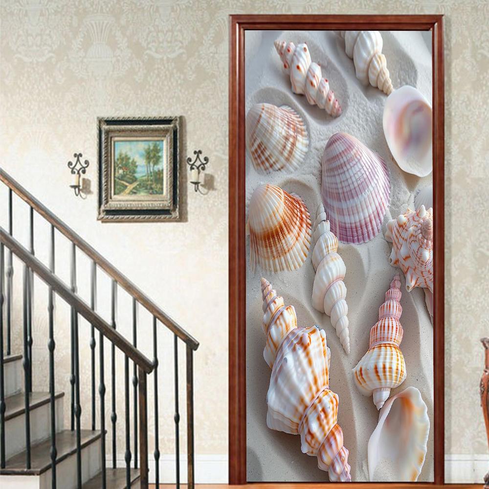1pcs Porch Beach Scenery Shell Vinyl Door Sticker For Bedroom Home Decor Self Adhesive Removable Wall Decal Door Renovation Waterproof Poster
