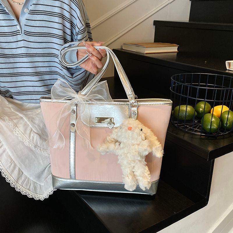 

Summer Pink Tote Bag Women s Large Capacity 2025 New Arrival Light Luxury Minority Fancy Work Commuter Shoulder Bag Pink + pendant and ribbon