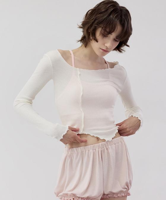 Debiweeo Women'S Yoga Wear Devi-T0112-Ivory Pilates Waven Frill Long Sleeve