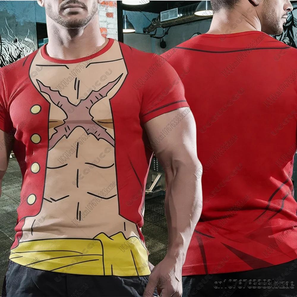 Summer New Arrivals Luffy Cosplay T-shirt For Men One Piece Printed Fitness T-shirt Muscle Tees Themed Comic Exhibition Clothing