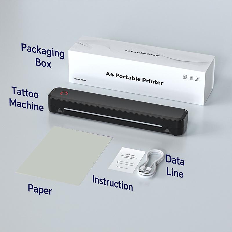 A4 Mini Thermal Printer for Tattoo Transfer, Matte Finish, Mobile Compatible, Portable for Home/Office Use.