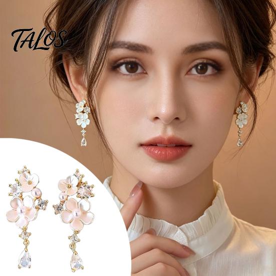 Drop Earrings for Women 1 Pair Flower Dangle Women, Pink Three Dimensional Petal with Rhinestone Teardrop Charm, Statement Jewelry Wedding,
