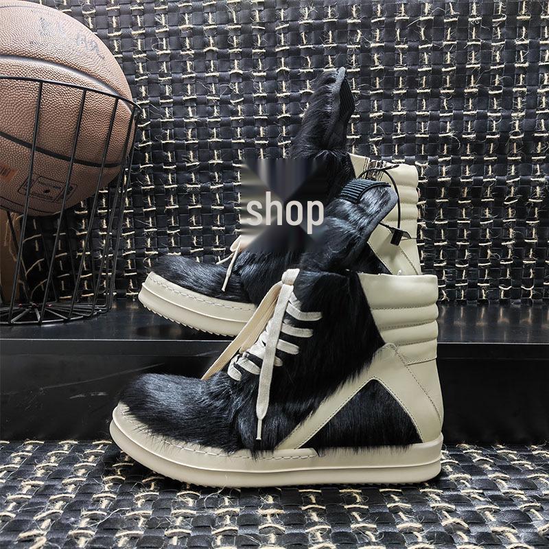 Rricowees Schwarz & Pink Rosshaar High-Top Schuhe, Große Größe, Dicksohlig, Schnürschuhe, Echtes Leder, Europäischer & Amerikanischer Stil.