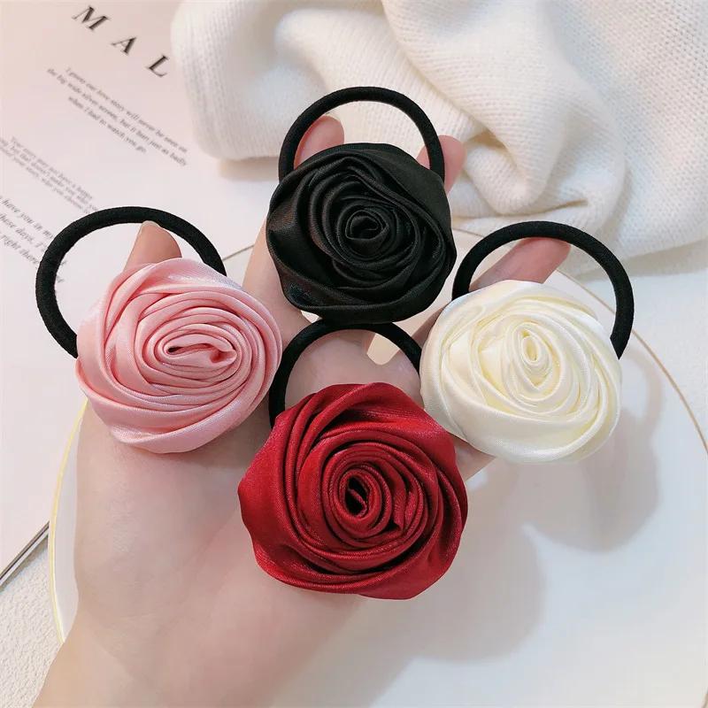 French Satin Rose Flower Scrunchies Hair Tie for Women Girls Korean Sweet Floral Ponytail Elastic Hair Band Head Rope Headdress