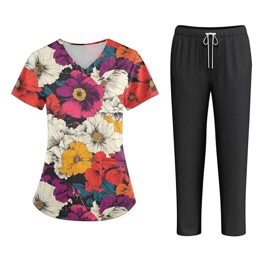 Plus SizePrinted Scrub Working Uniform Tops para mulheres Cross V-neck Halloween Print manga curta camisetas divertidas Workwear Tee com bolsos