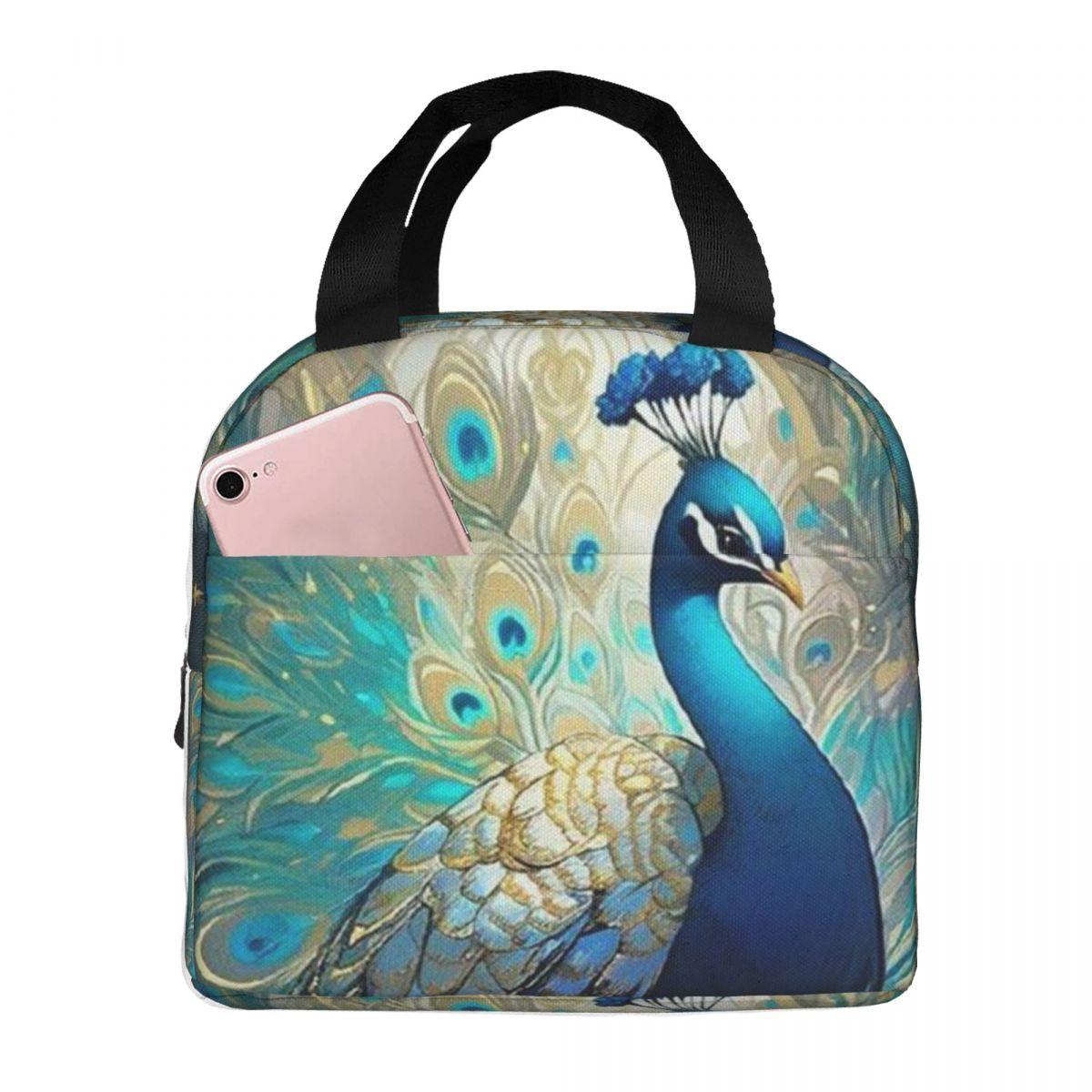 Colorful Peacock Feather Insulated Lunch Bag for Women Children Portable Food Boxes Thermal Lunch Box Tote One Size
