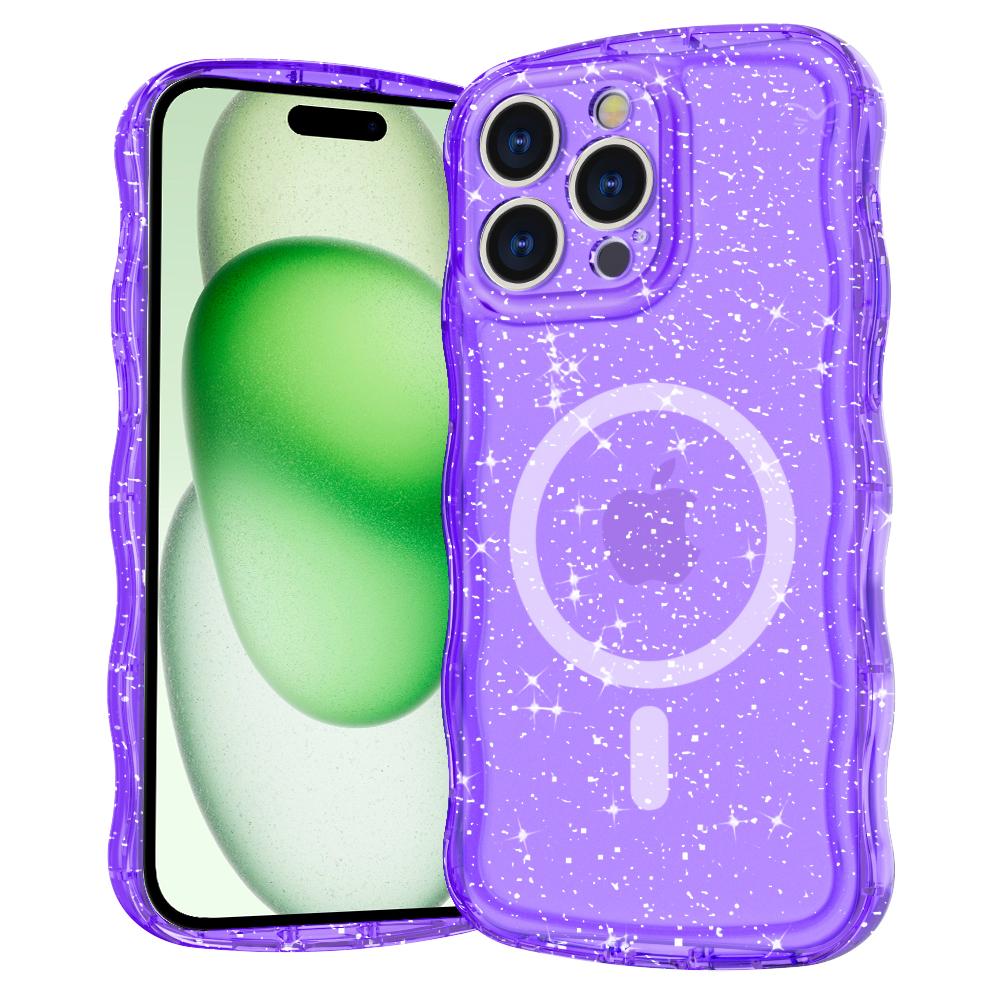 For iPhone 16 Pro Max Magnetic Case Wave Edge Glitter TPU Phone Back Cover