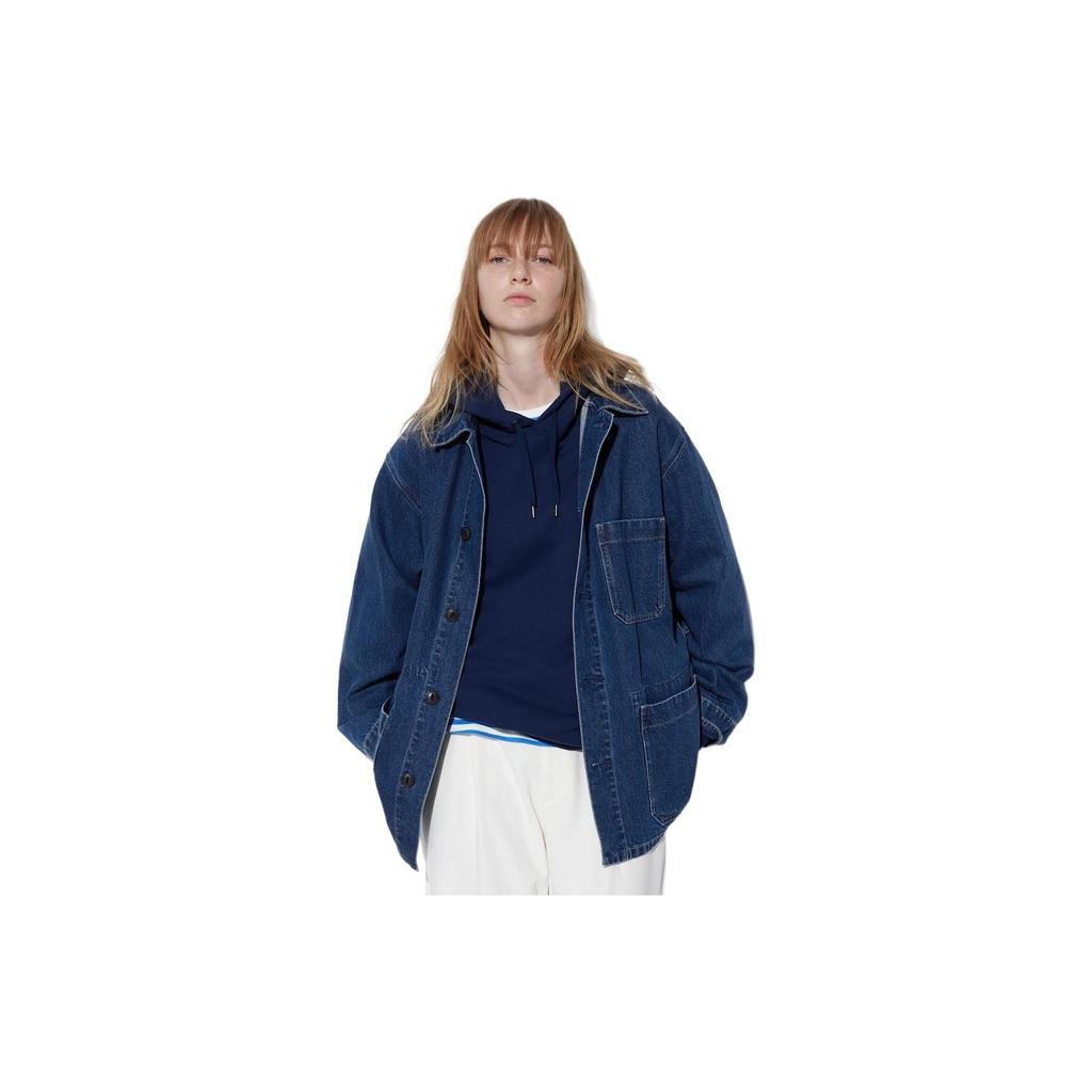 UNIQLO Solid Color Pointed Collar Single-Breasted Long Sleeve Jacket Unisex jackets Denim-Blue 467535-67