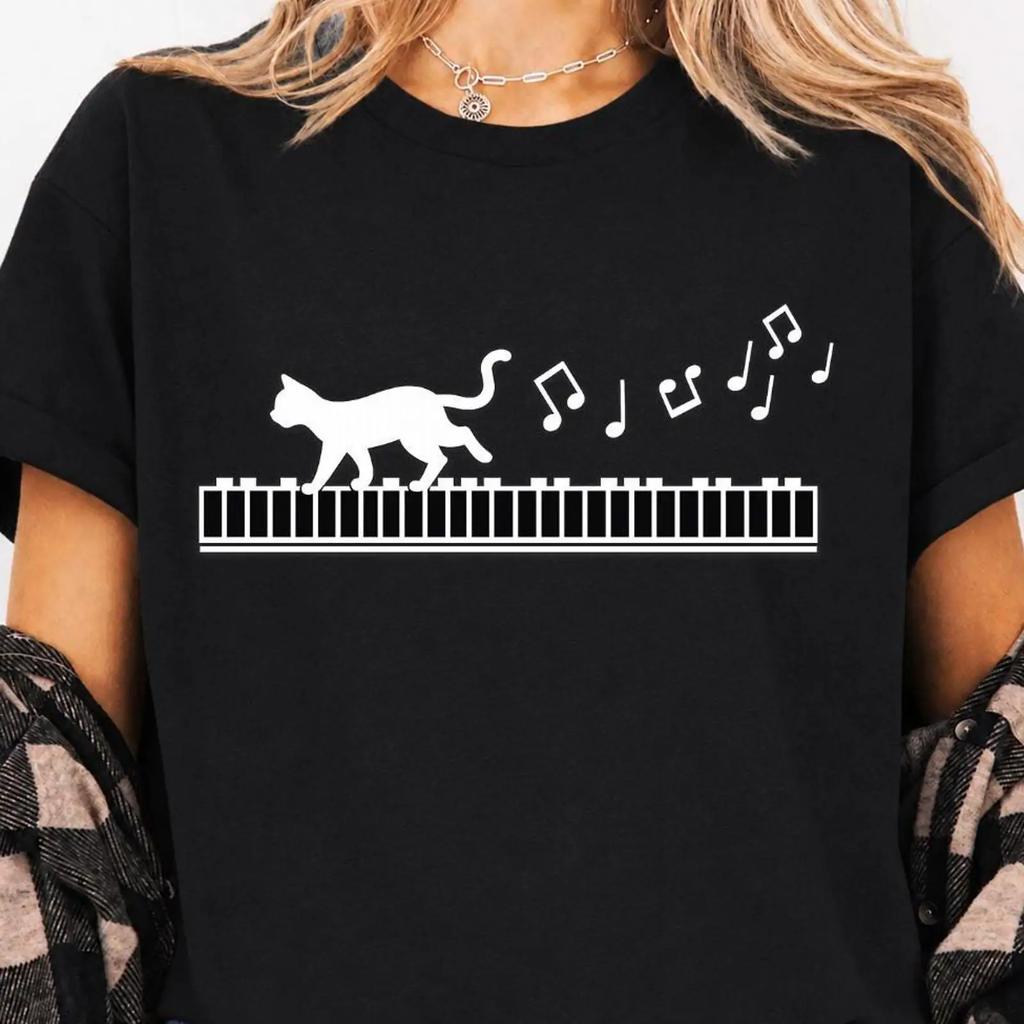 T-shirt Chat Marchant sur les Touches de Piano Drôle Musique Pour Musiciens Amateurs Décontracté Vintage Graphique Haut Pour le Port Quotidien Élégant