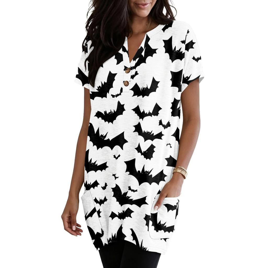 Women's V Neck Halloween Print Short Sleeve Pullover Dress with Pocket Casual Loose Fit Tunic Dress for Daily Wear
