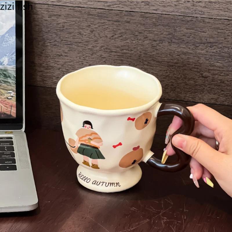 Vintage Girl Ceramic Coffee Cup with Cover Spoon Goblet Water Cup High Footed Breakfast Cups Milk Tea Cups Milk Mug Juice Mug