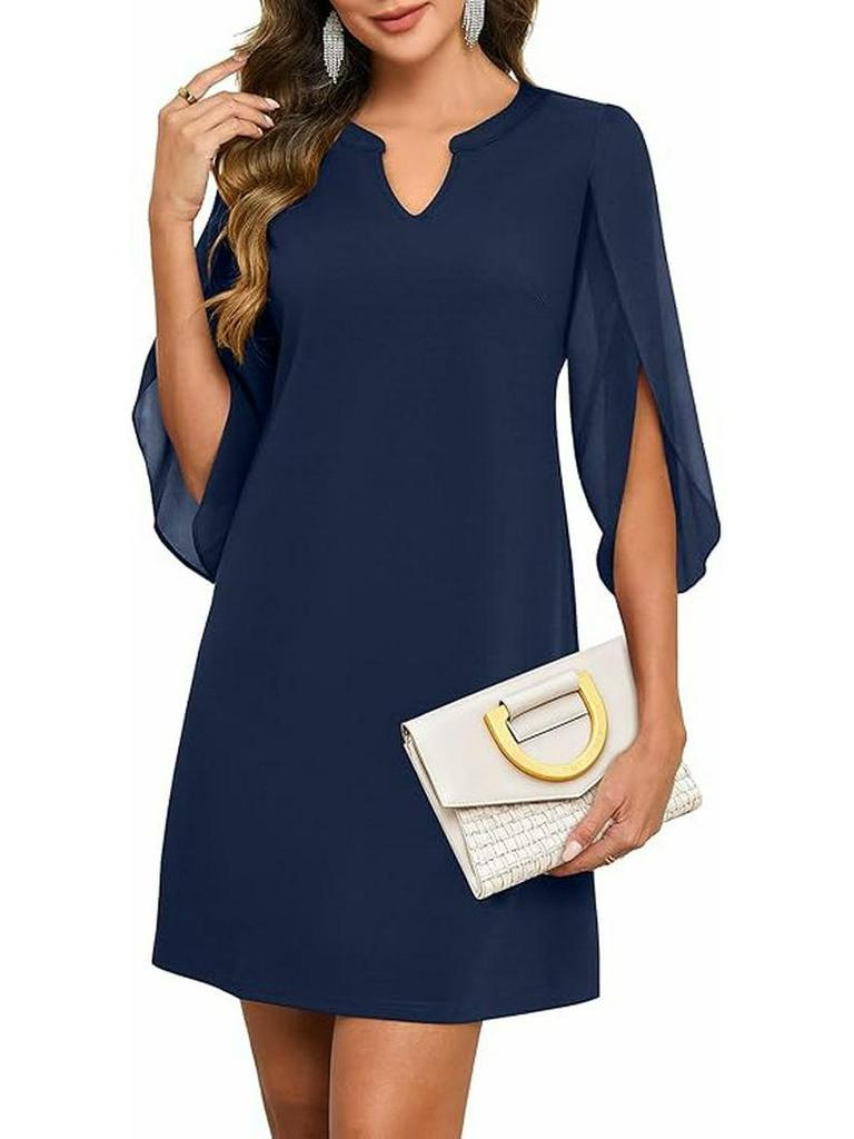 Europa und Amerika Unregelmäßiger Ärmel Einfarbige Chiffon Mittellanges Vielseitiges Freizeitkleid für Damen.