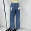 Vintage Schleife Gerade Jeans Frauen Kausal Lose Reißverschluss Hohe Taille Hose Frühling Denim Hose mit Taschen