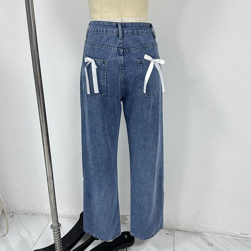 Vintage Bow Straight Jeans Women Causal Loose Zipper High Waist Trousers Spring Denim Pants with Pockets