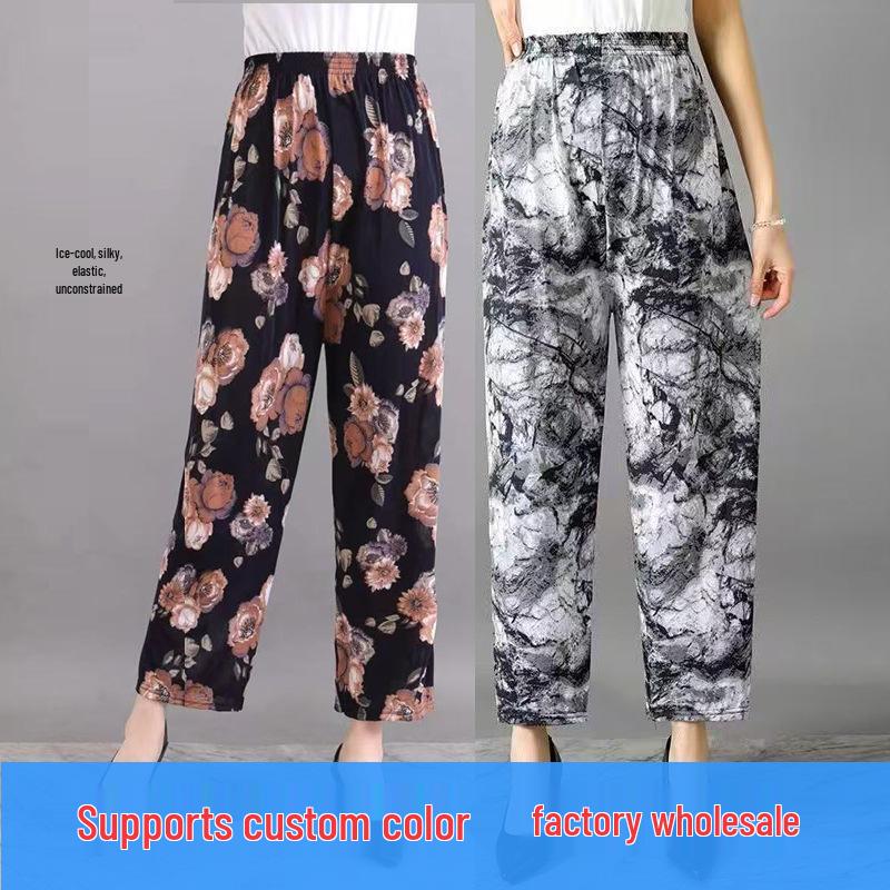 Atmungsaktive Blumendruck-Neunpunkt-Hose in Übergröße für Frauen mittleren Alters und ältere Frauen - Sommer-Eisseide, Lockeres gerades Bein Design