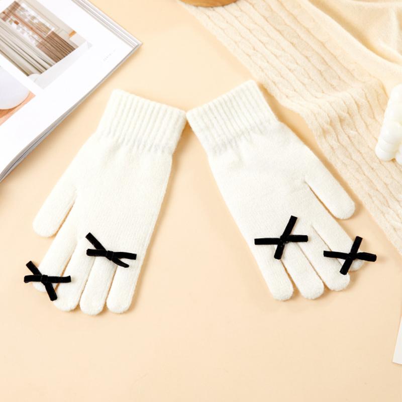 Five-finger Solid Color Warm Knitted Gloves for Women Bow-knot Cold-proof Gloves