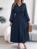 Dames Elegante Europese Stijl V-hals Kant Hoge Taille Lange Mouwen Geplooide Maxi Jurk