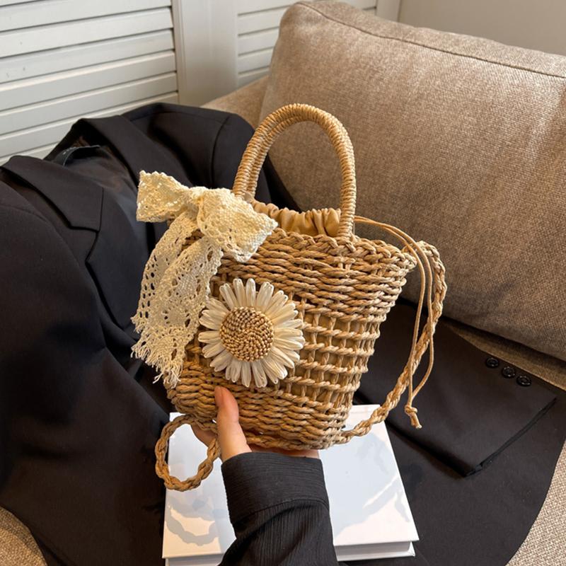 Weave Lace Bow Handbag Dacron Square Shape Straw Weave Bag Small Bucket Tote Bag