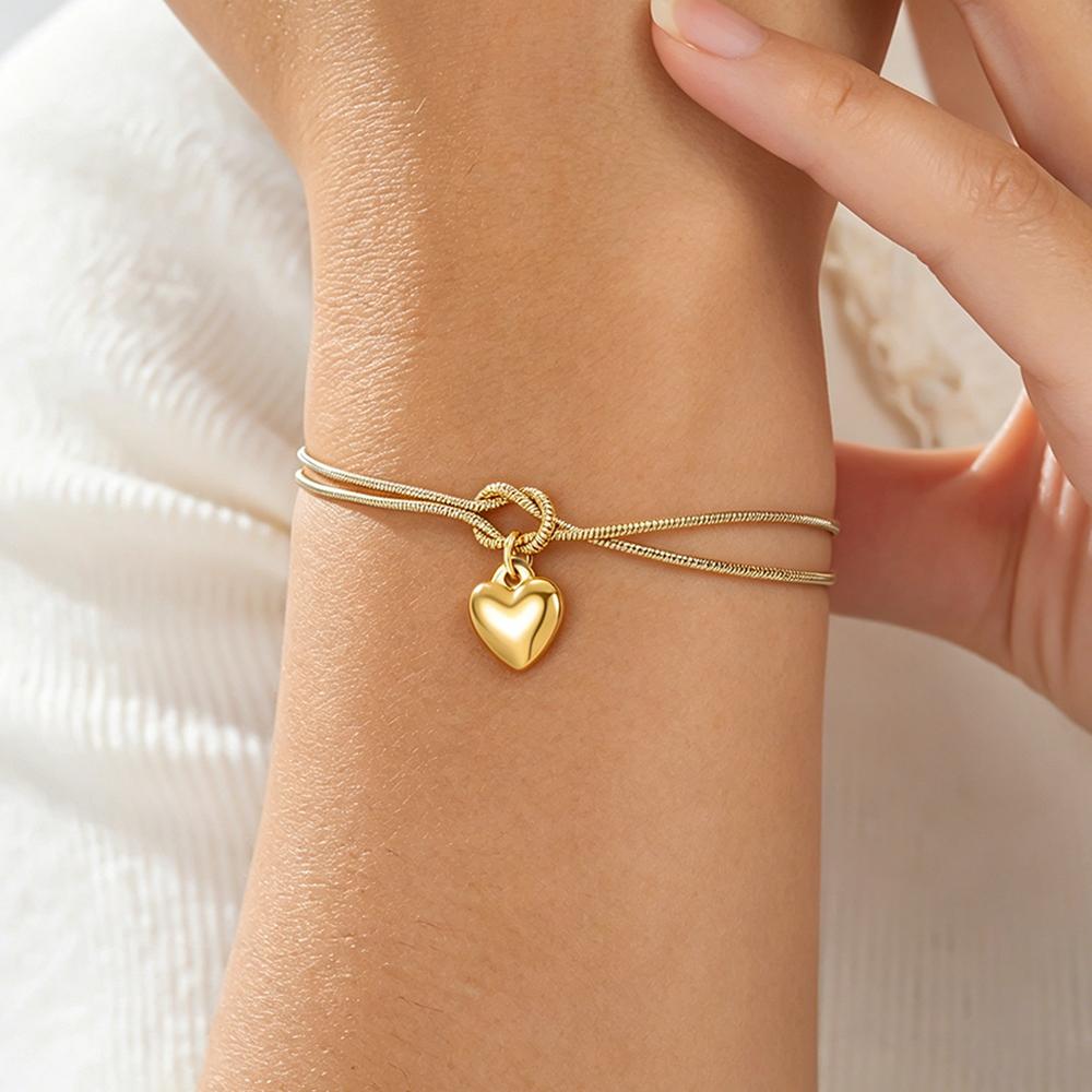 Solid Heart Charm Bracelet 18K Gold Plated Hollow Heart Knot Snake Chain Stainless Steel Adjustable Hand Chain Jewelry Girl Gift