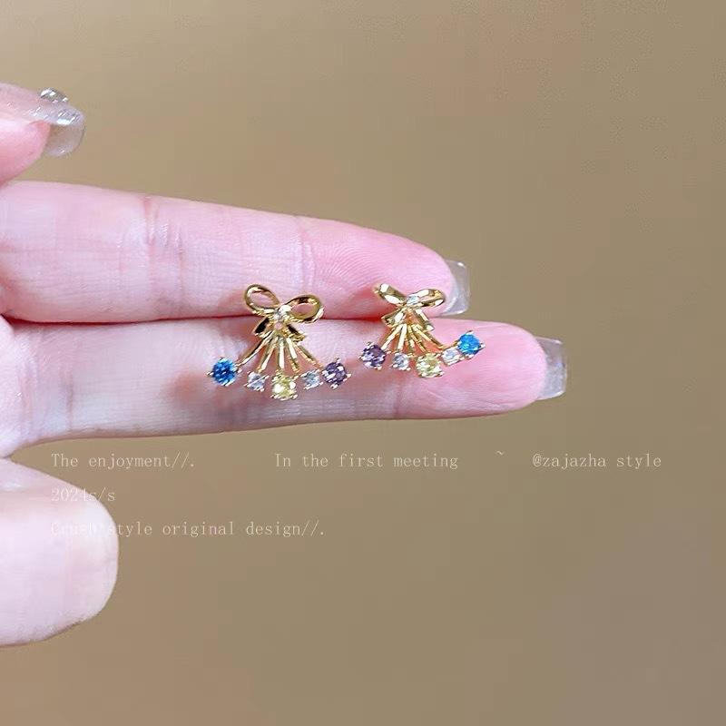 111 silver needle color zircon bow stud earrings women s s111 silver needle temperament new earrings high-end earrings 925 silver needle