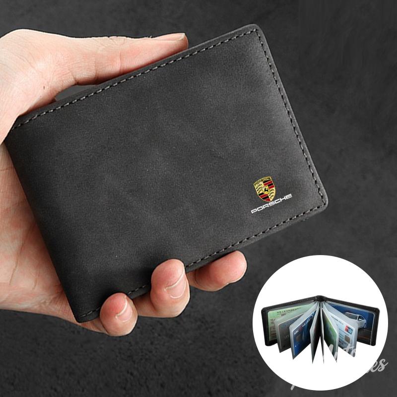 MOXX7 Wildleder Auto Geldbörse Ausweis Kreditkartenhalter Führerschein Tasche Geschenk für Porsche Cayenne Panamera Macan 911 718 Taycan Boxster Cayman Aufkleber