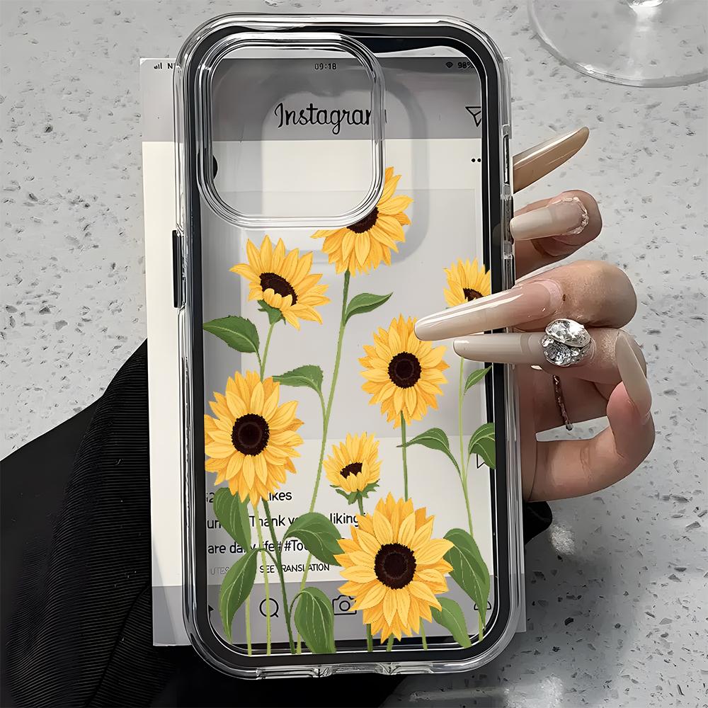 Sunflower Floral Pattern Clear Phone Case For iPhone 17 16 15 14 13 12 11 Pro Max 14 Plus 2 in 1 Candy Color Silicone Soft Cover