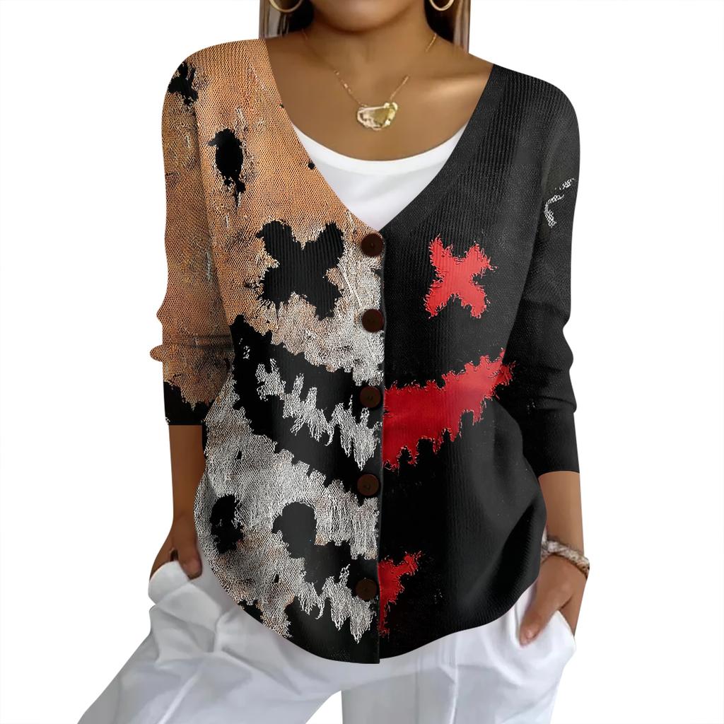 Women's Fashion Casual Knit Sweater Button-Up Halloween Printed  Cardigan Jacket