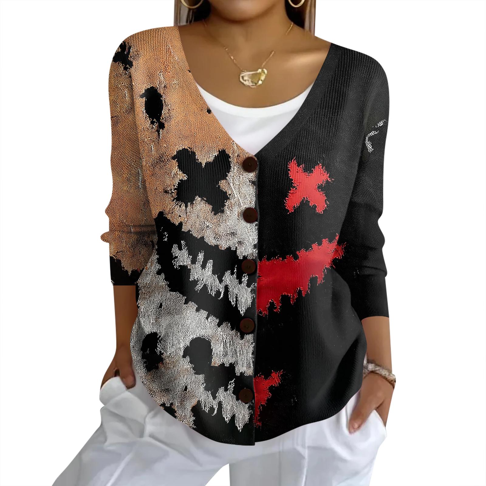 

Женский модный повседневный вязаный свитер на пуговицах, кардиган-жакет с принтом на Хэллоуин M