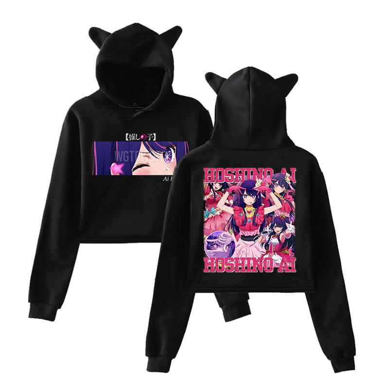Anime Oshi No Ko Hoshino Ai Print Cropped Hoodies Women Fashion Harajuku Graphic Hooded Cat Ear Long Sleeve Pullovers
