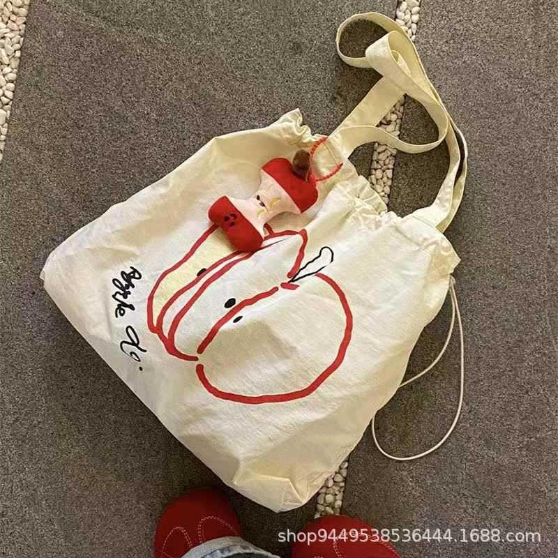 Apple's New Drawstring Canvas Bag, Student Light Commuting Versatile Shoulder Bag, Niche Large-capacity Simple Tote Bag