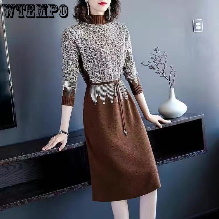 Autumn and Winter Knitted Dress Women's Waist-cinching and Stylish Knitted Sweater Dress Casual Half Turtleneck Sweater