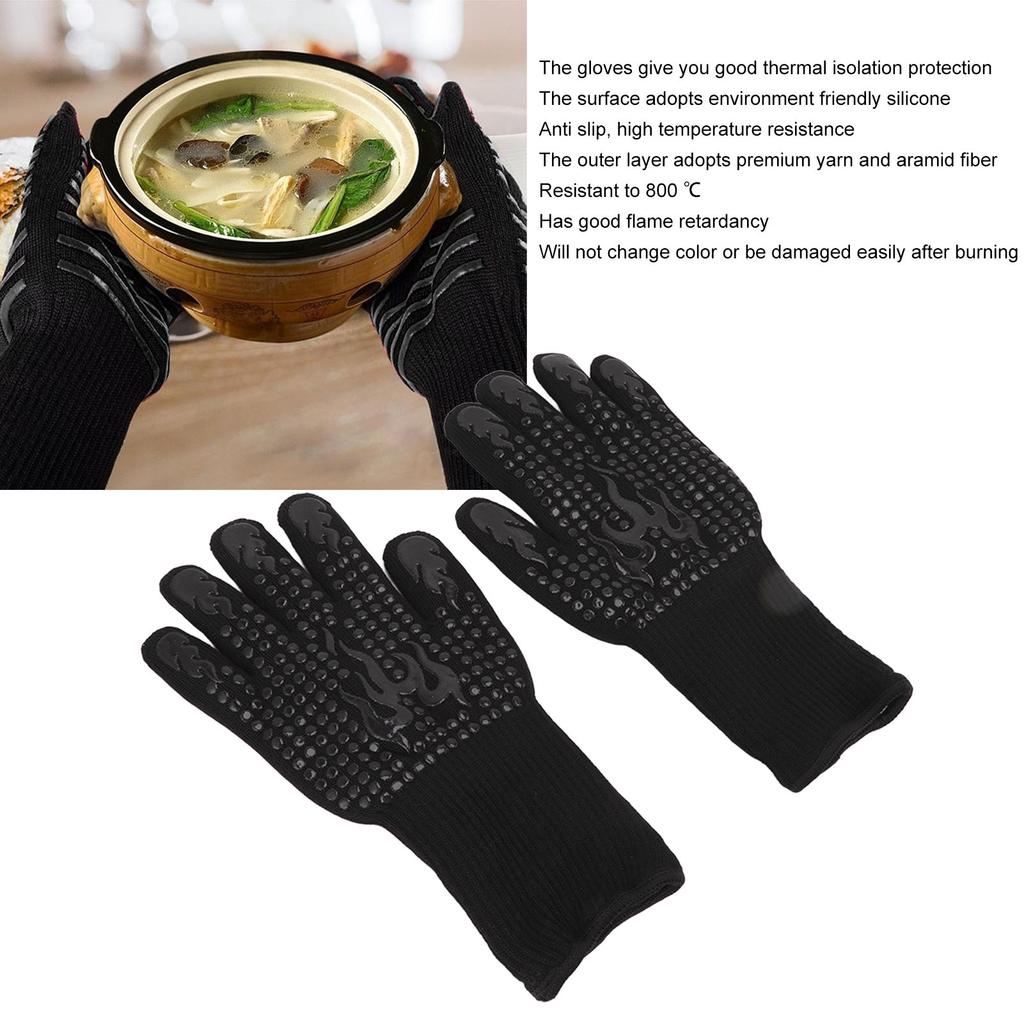 2 Pcs Heat Resistant Gloves Thermal Isolation High Temperature Resistant Anti Slip Washable Silicone Knitted Oven Mitts Free Size Black