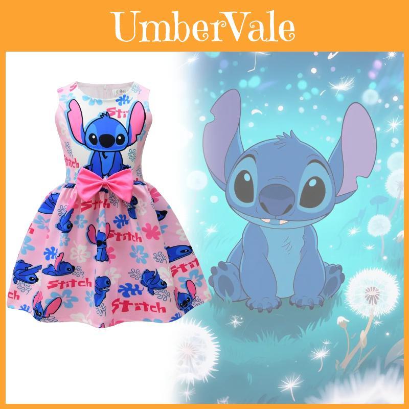 Lilo Stitch Girl Dress With Cotton Blend Fabric And Cartoon Pattern For Kids Ages 3 To 8