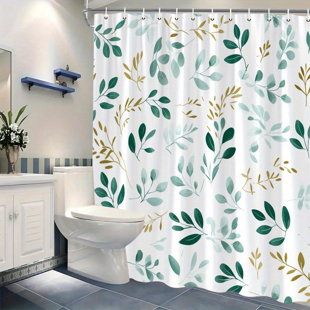 1 Watercolor Leaf Shower Curtain - Teal, Mint And Gold On White, Fan Hook, Polyester Machine Washable